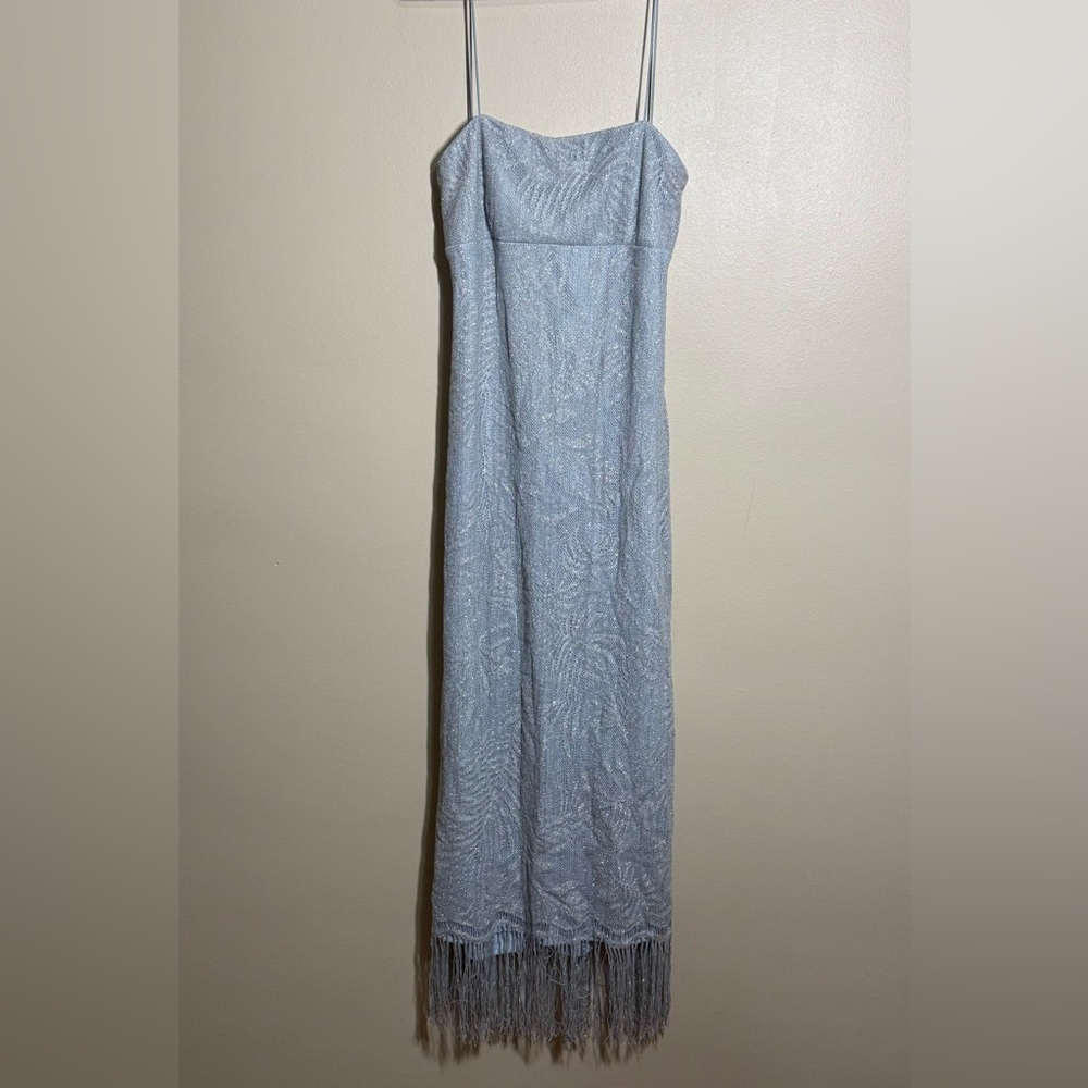 NWT Y2K California Concepts Pale Blue Sliver Fringe Sleeveless Maxi Dress Large